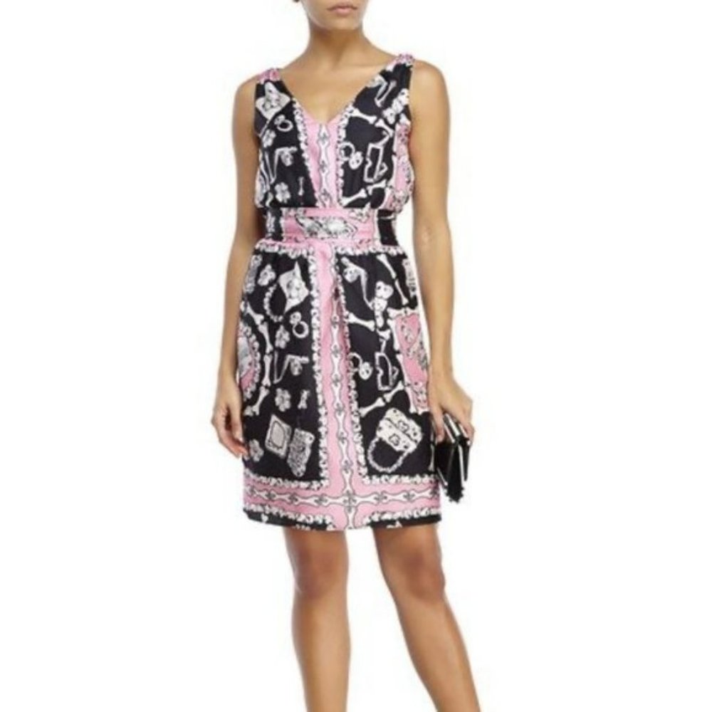 MOSCHINO Black and Pink V Neck Bones Prehistoric Print Silk Dress Cheap and Chic
